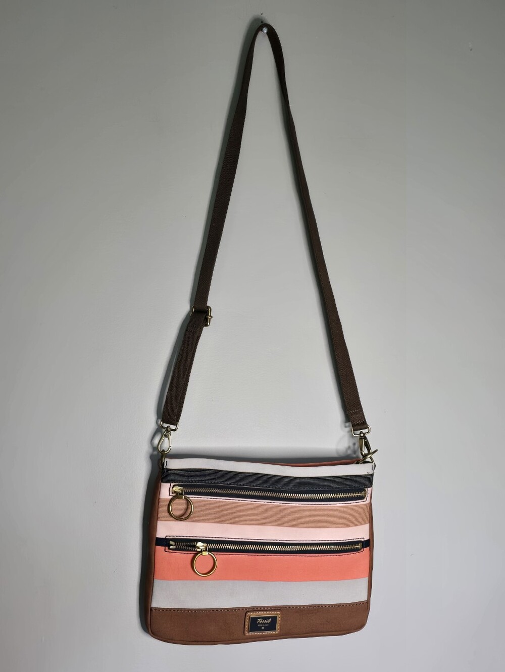 Fossil Coral and Brown Striped Dawson Canvas Crossbody, New